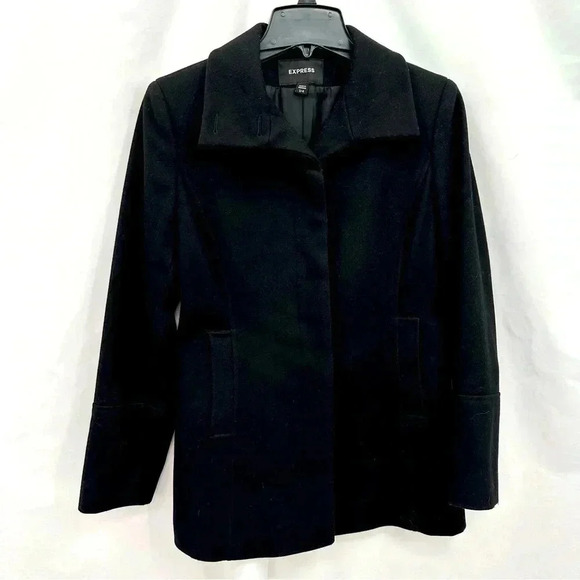 Express Women’s Wool Coat Size 3/4 Black Hidden Button Up Front Open Pockets - Picture 1 of 11